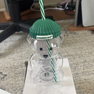 Starbucks Clear Bear Tumbler with Green Beanie and Striped Straw